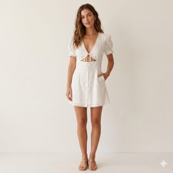 Sabo Skirt Dresses & Skirts - Sabo Skirt White Cotton Eyelet Broderie Mini Dress Cutout Tie Front Puff Sleeve
